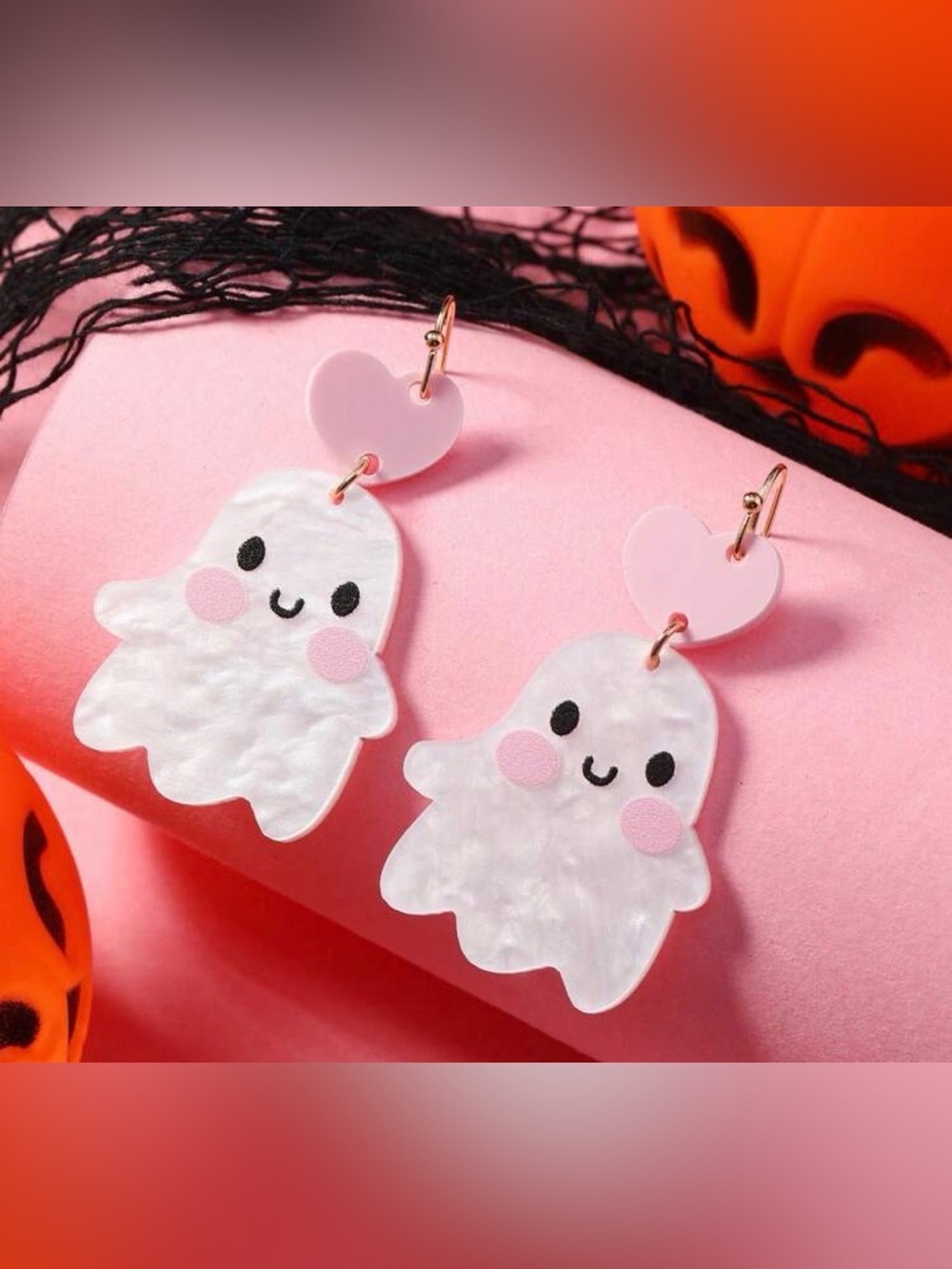 Ghost Halloween stud/dangle earrings white pearlescent & pink earrings NEW